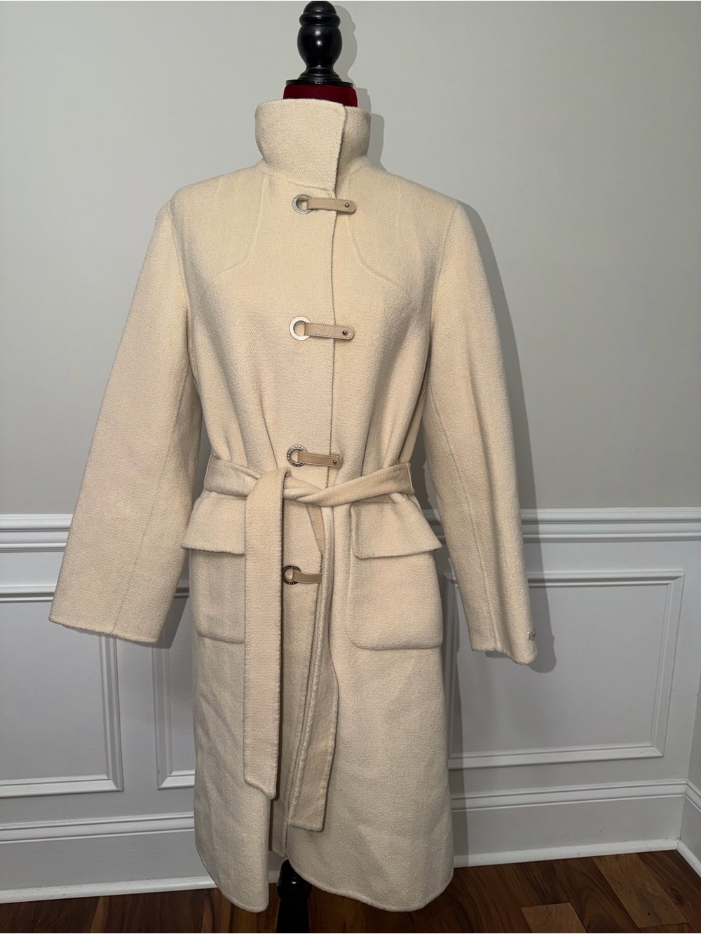 MICHAA Korean Designer Wool Cashmere Belted Coat Cream Ivory Herringbone